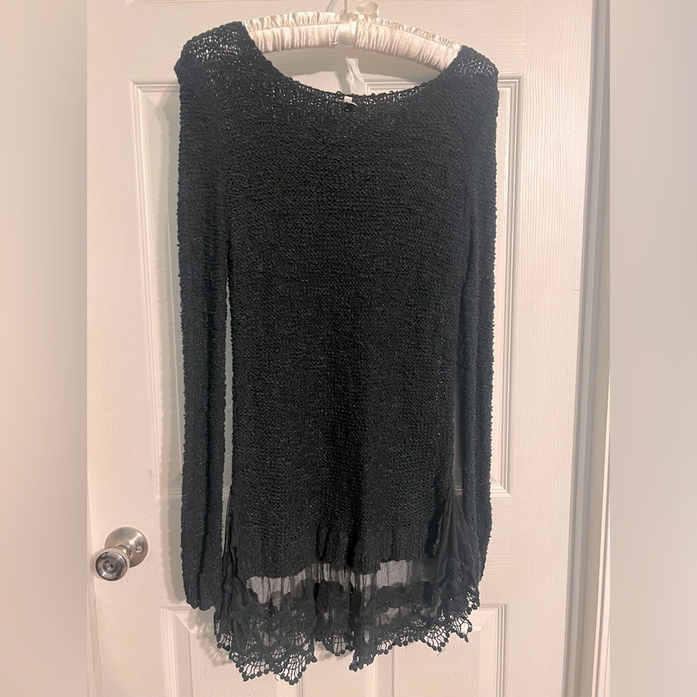 Kate Collection women’s knit black long pullover sweater tunic w/lace size M/L